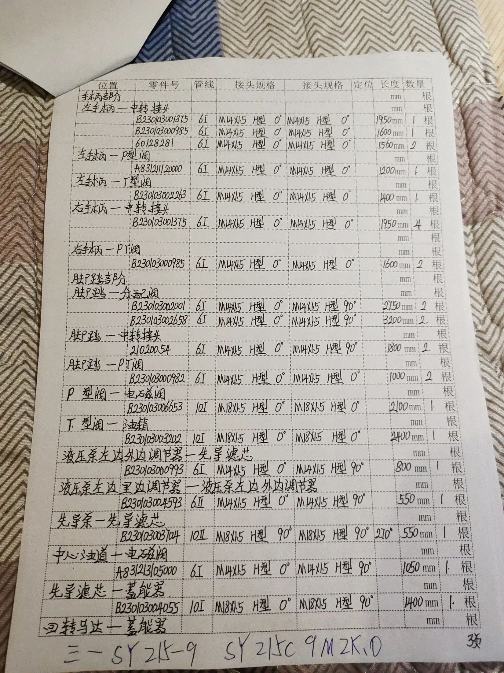 SANY SY215-9 hydraulic hose part numbers and recorded lengths — technician notebook page 3 of 5 — recorded hose parts A8321120000, B23003000985, B23003001375