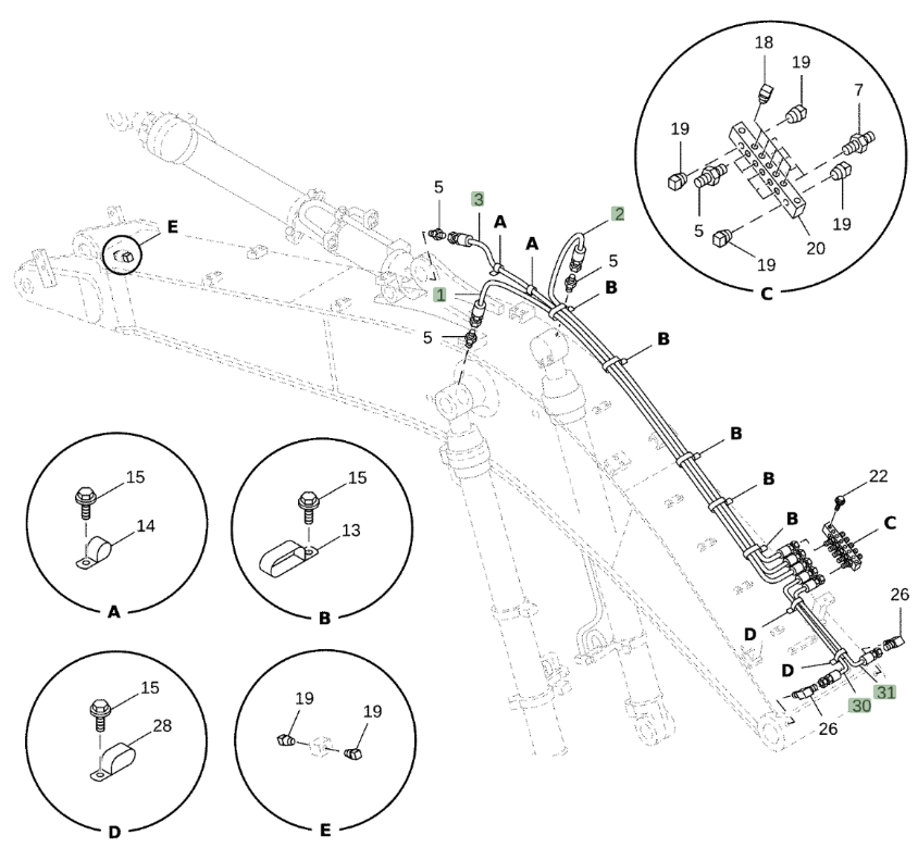 Hitachi ZX470LC-5G installation diagram showing hydraulic hose 4218064 at Pipe No. 1