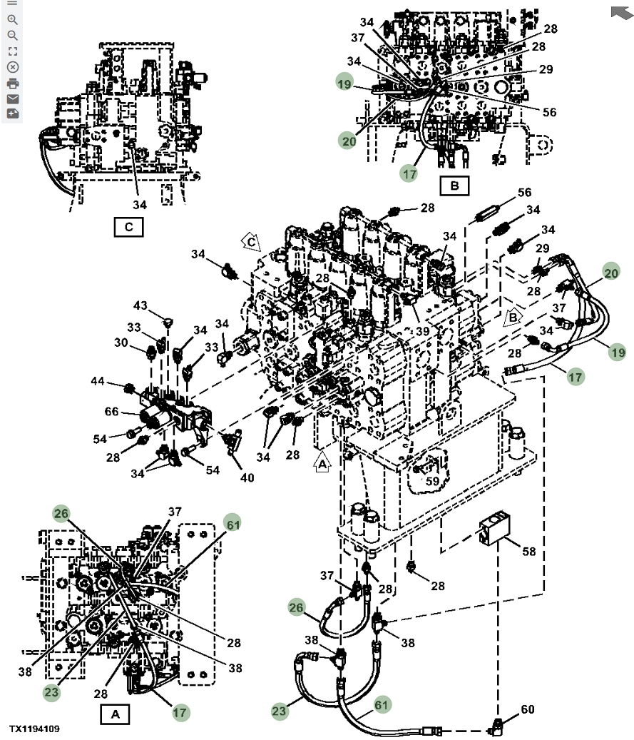 Hitachi ZX670LC-5A installation diagram showing hydraulic hose 4713487 at Pipe No. 20