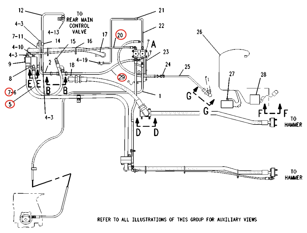 Caterpillar CAT®215C installation diagram showing hydraulic hose 6A-7864 at Pipe No. 5