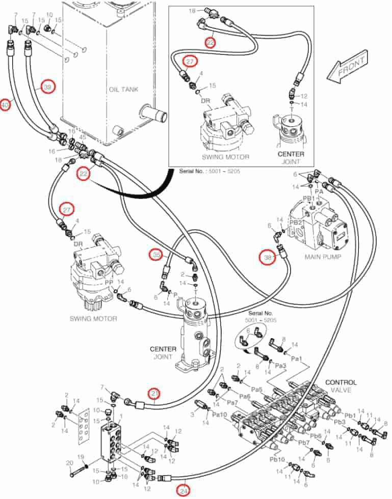 Doosan DX27Z installation diagram showing hydraulic hose DS2093299 at Pipe No. 39
