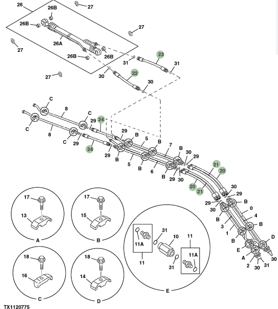 Hitachi ZX350LC-5G installation diagram showing hydraulic hose 4670939 at Pipe No. 20