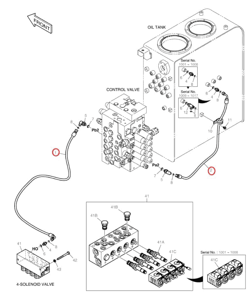 Doosan DX160W-3 installation diagram showing hydraulic hose DS2121011 at Pipe No. 2