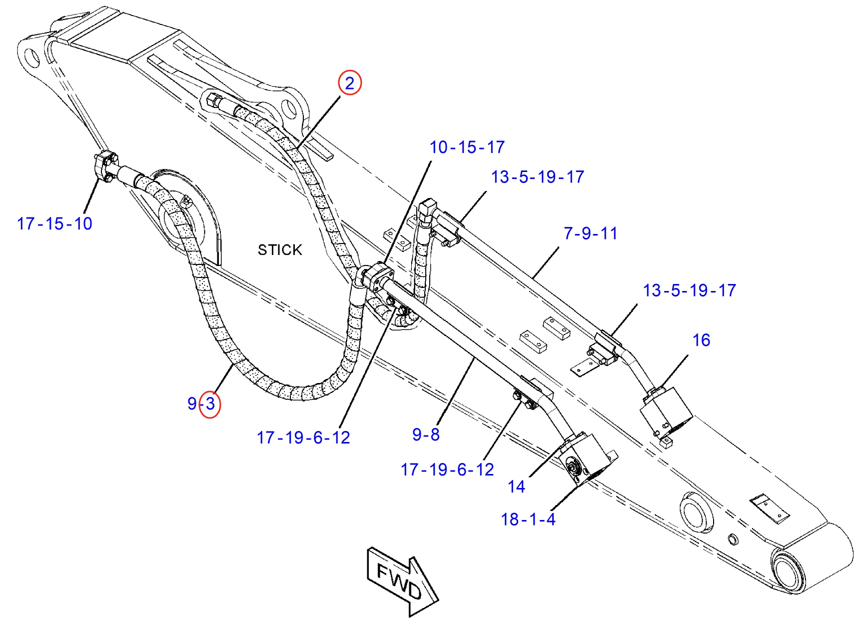 Caterpillar CAT®312F installation diagram showing hydraulic hose 374-0129 at Pipe No. 2