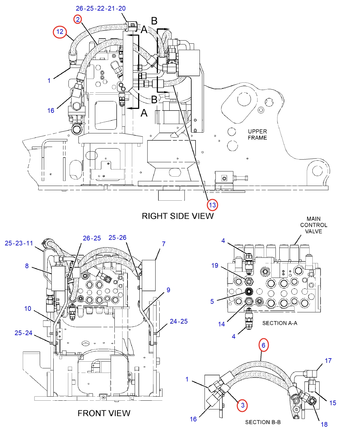 Caterpillar CAT®312D L installation diagram showing hydraulic hose 282-7150 at Pipe No. 12