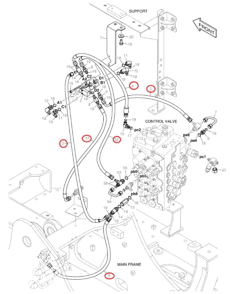 Doosan DX140LCR-5 installation diagram showing hydraulic hose DS2121026 at Pipe No. 5