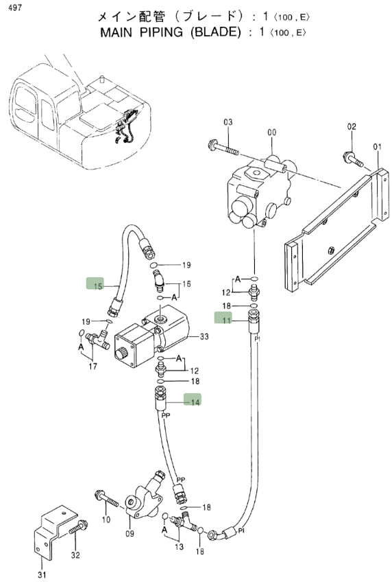 Hitachi EX100M-5 installation diagram showing hydraulic hose 4365779 at Pipe No. 15