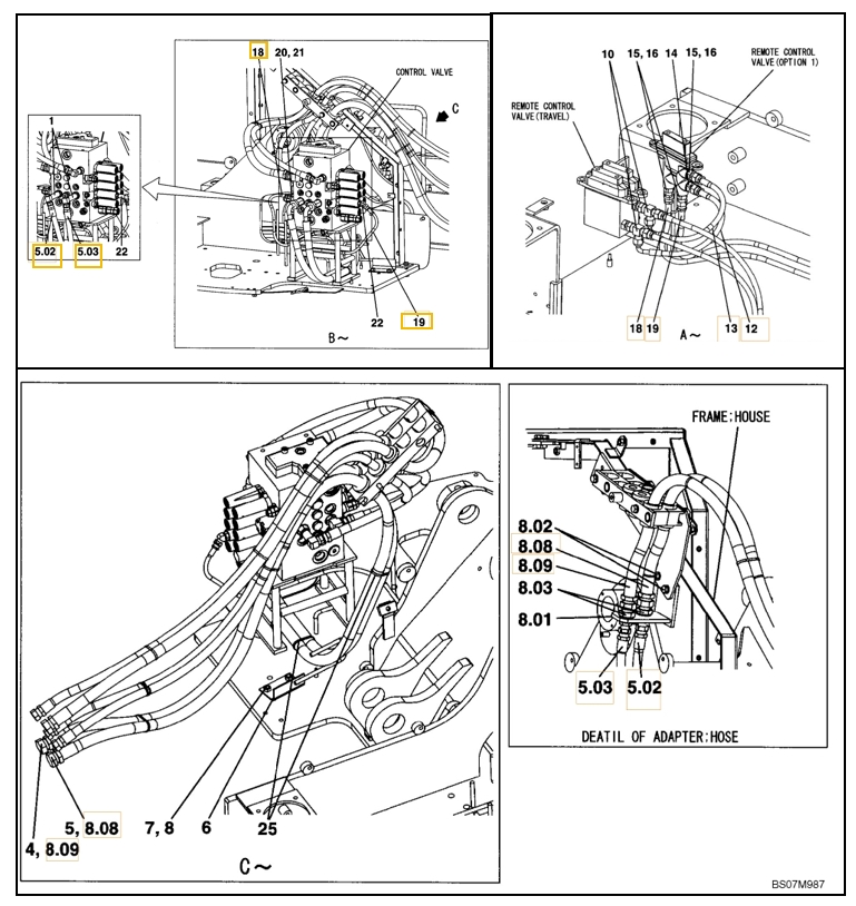 Case CX75SR installation diagram showing hydraulic hose KHJ2312 at Pipe No. 18