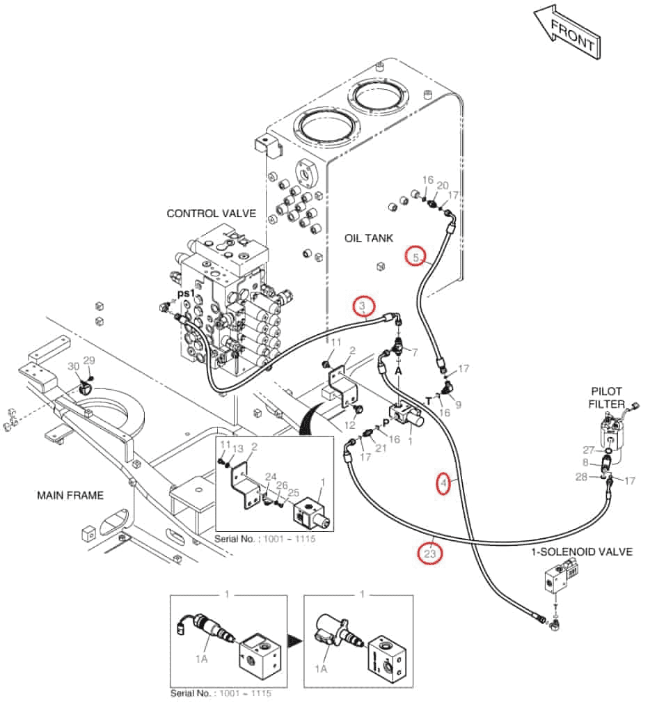 Doosan DX140W-3 installation diagram showing hydraulic hose DS2121121 at Pipe No. 4