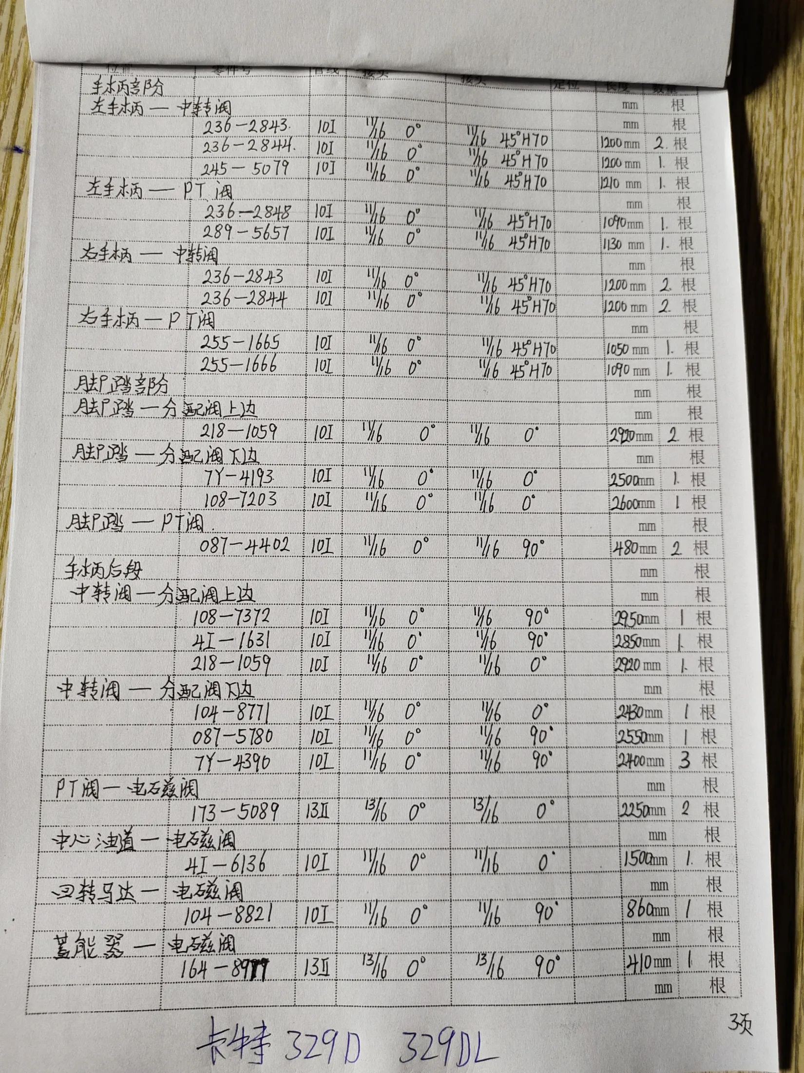 Caterpillar 329DL hydraulic hose part numbers and recorded lengths — technician notebook page 3 of 5 — recorded hose parts 4I-613, 7Y-4193