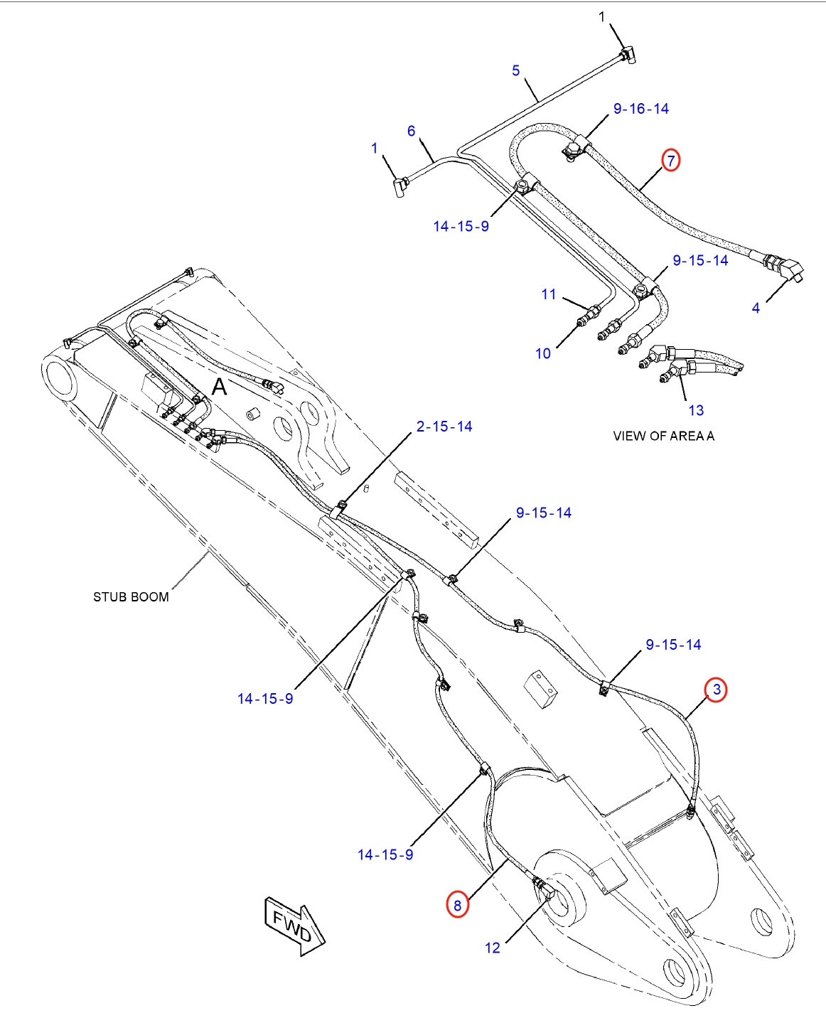 Caterpillar CAT®313F installation diagram showing hydraulic hose 203-7400 at Pipe No. 3