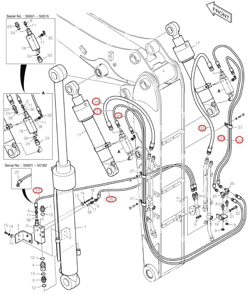 Doosan DX80R installation diagram showing hydraulic hose 2184-1046D91 at Pipe No. 29