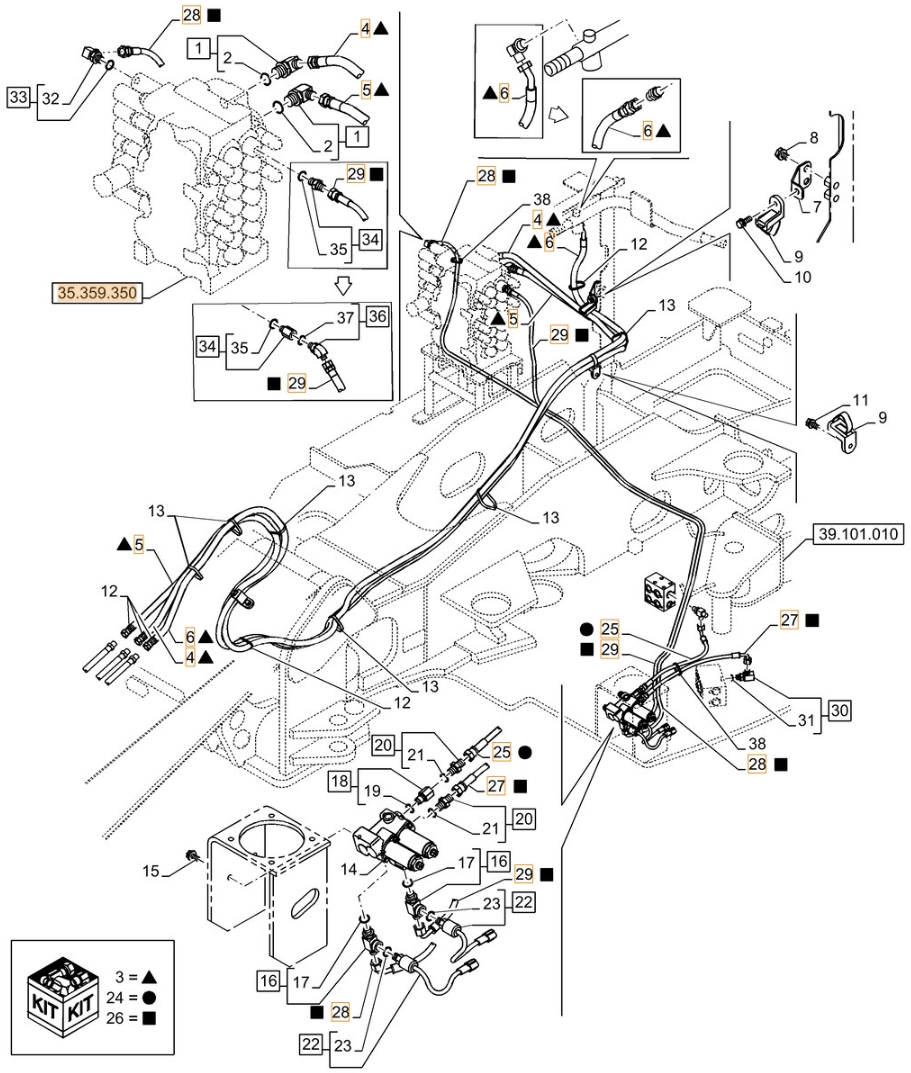 Case CX80C installation diagram showing hydraulic hose KHJ2179 at Pipe No. 25