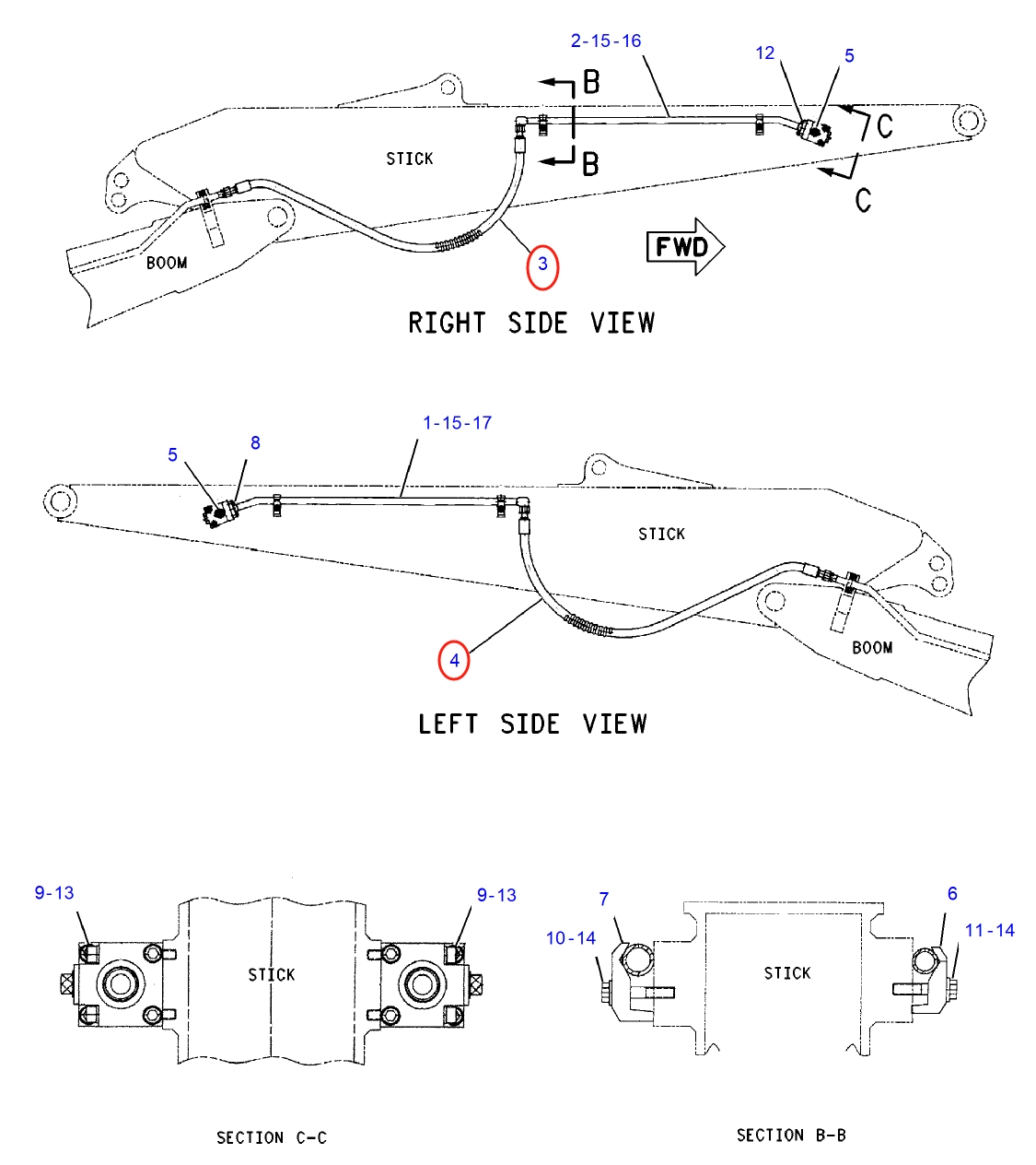 Caterpillar CAT®312C L installation diagram showing hydraulic hose 146-1317 at Pipe No. 3
