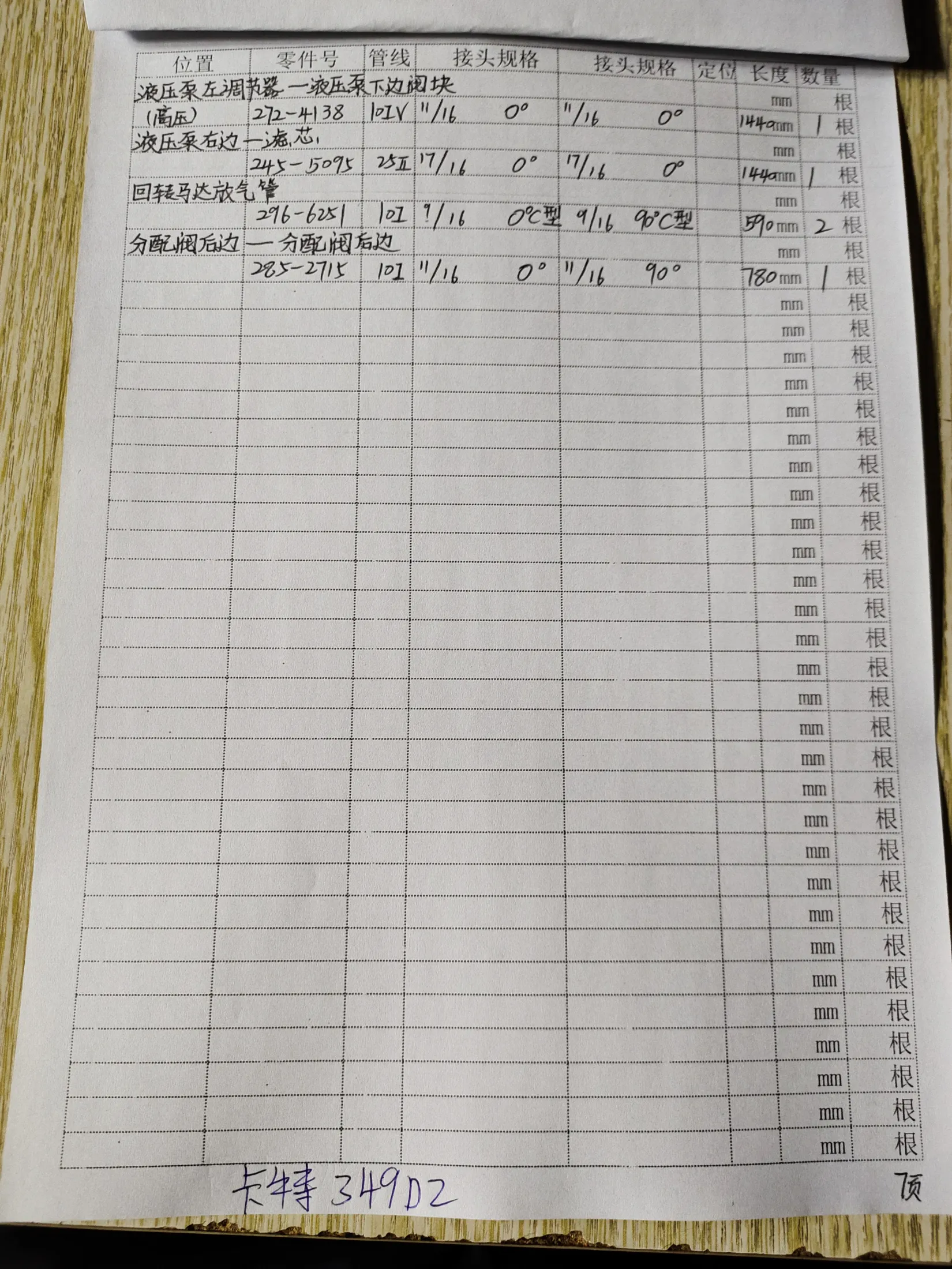 Caterpillar 349D2 hydraulic hose part numbers and recorded lengths — technician notebook page 7 of 7