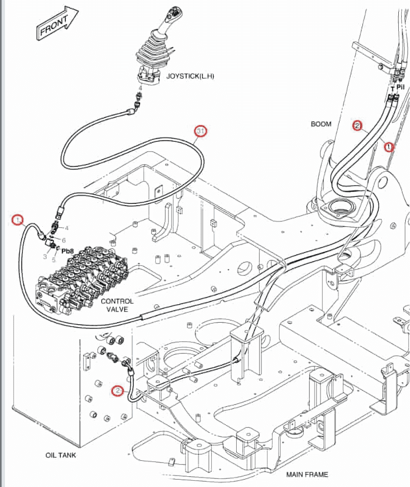 Doosan DX62R-3 installation diagram showing hydraulic hose DS2093393 at Pipe No. 31