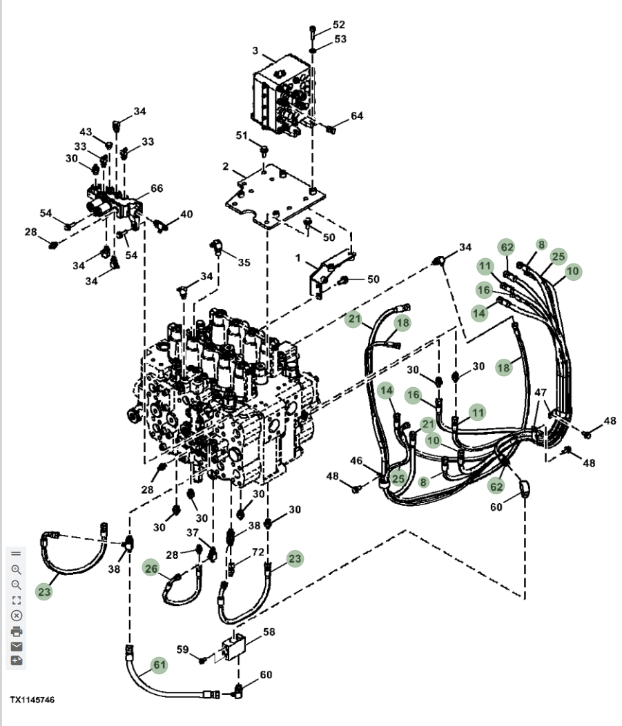 Hitachi ZX870LC-6 installation diagram showing hydraulic hose 4364413 at Pipe No. 21