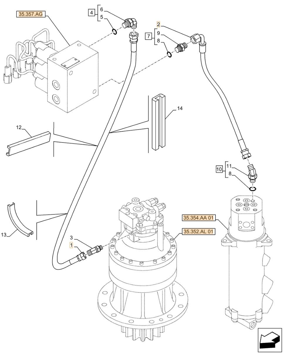 Case CX490D RTC installation diagram showing hydraulic hose KHJ18020 at Pipe No. 2