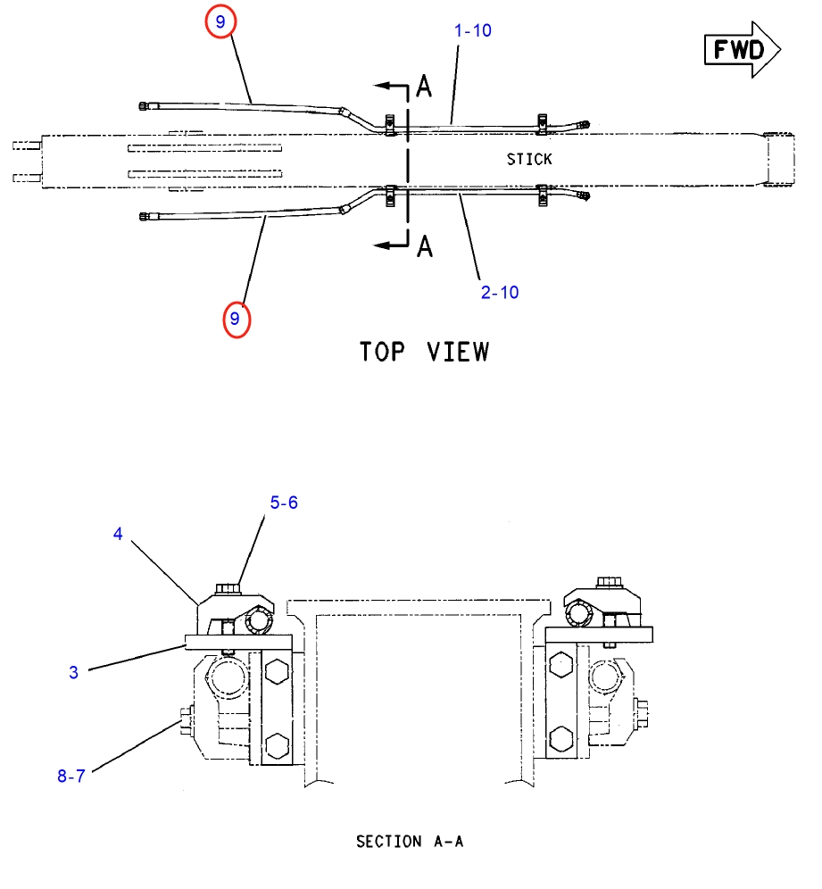 Caterpillar CAT®312C L installation diagram showing hydraulic hose 173-7910 at Pipe No. 9
