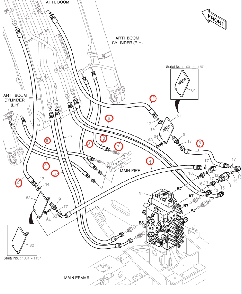 Doosan DX160LC-5 installation diagram showing hydraulic hose 2184-1196D142 at Pipe No. 8