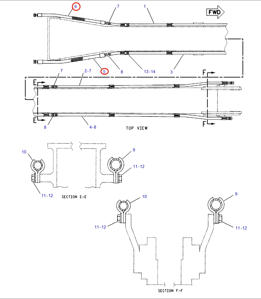 Caterpillar CAT®318B N installation diagram showing hydraulic hose 7Y-8001 at Pipe No. 6