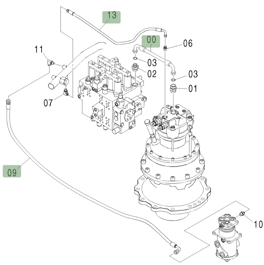 Hitachi ZX370 installation diagram showing hydraulic hose 4313440 at Pipe No. 9
