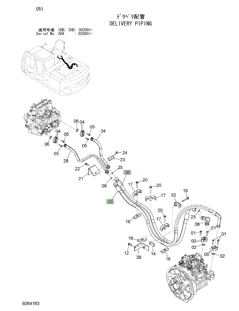 Hitachi ZX190W-3 installation diagram showing hydraulic hose 4663676 at Pipe No. 35