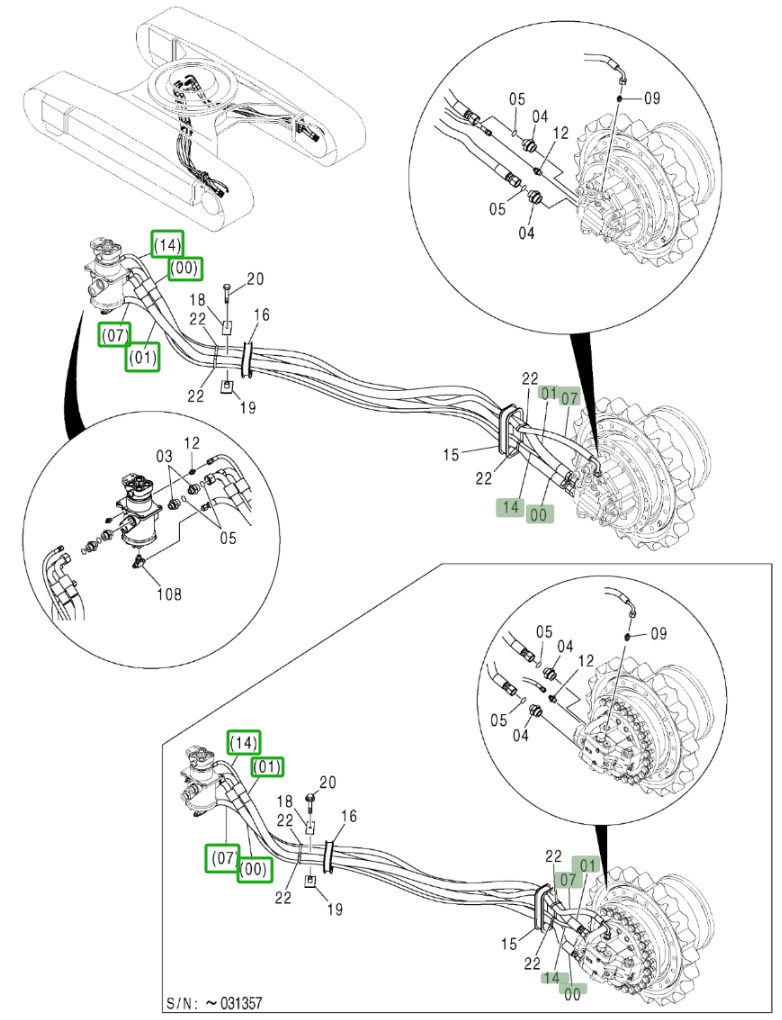 Hitachi ZX370 installation diagram showing hydraulic hose 4459641 at Pipe No. 7