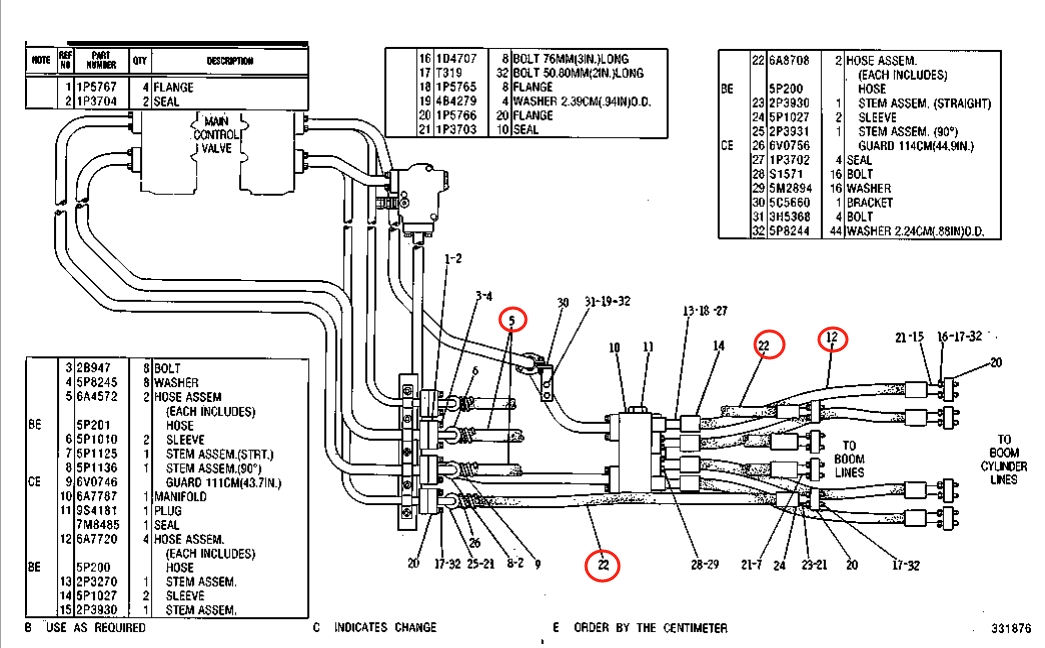 Caterpillar CAT®215B installation diagram showing hydraulic hose 6A-7720 at Pipe No. 12
