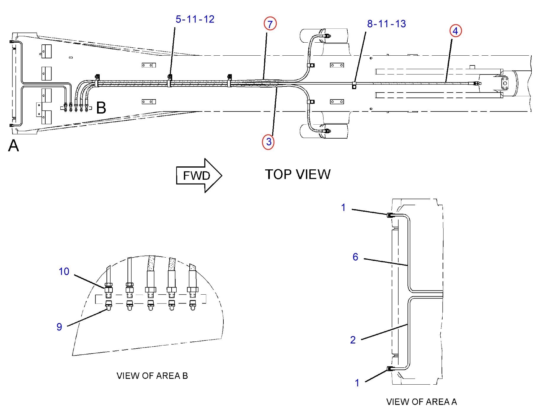 Caterpillar CAT®312E L installation diagram showing hydraulic hose 203-7401 at Pipe No. 7