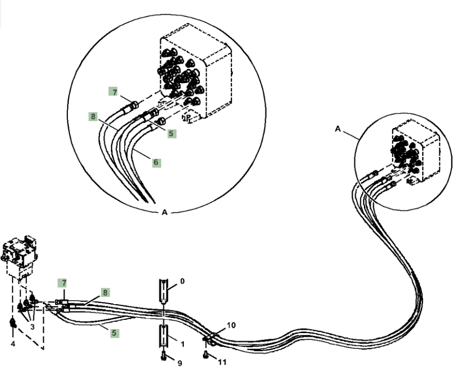 Hitachi ZX245USLC-6N installation diagram showing hydraulic hose 4382709 at Pipe No. 8