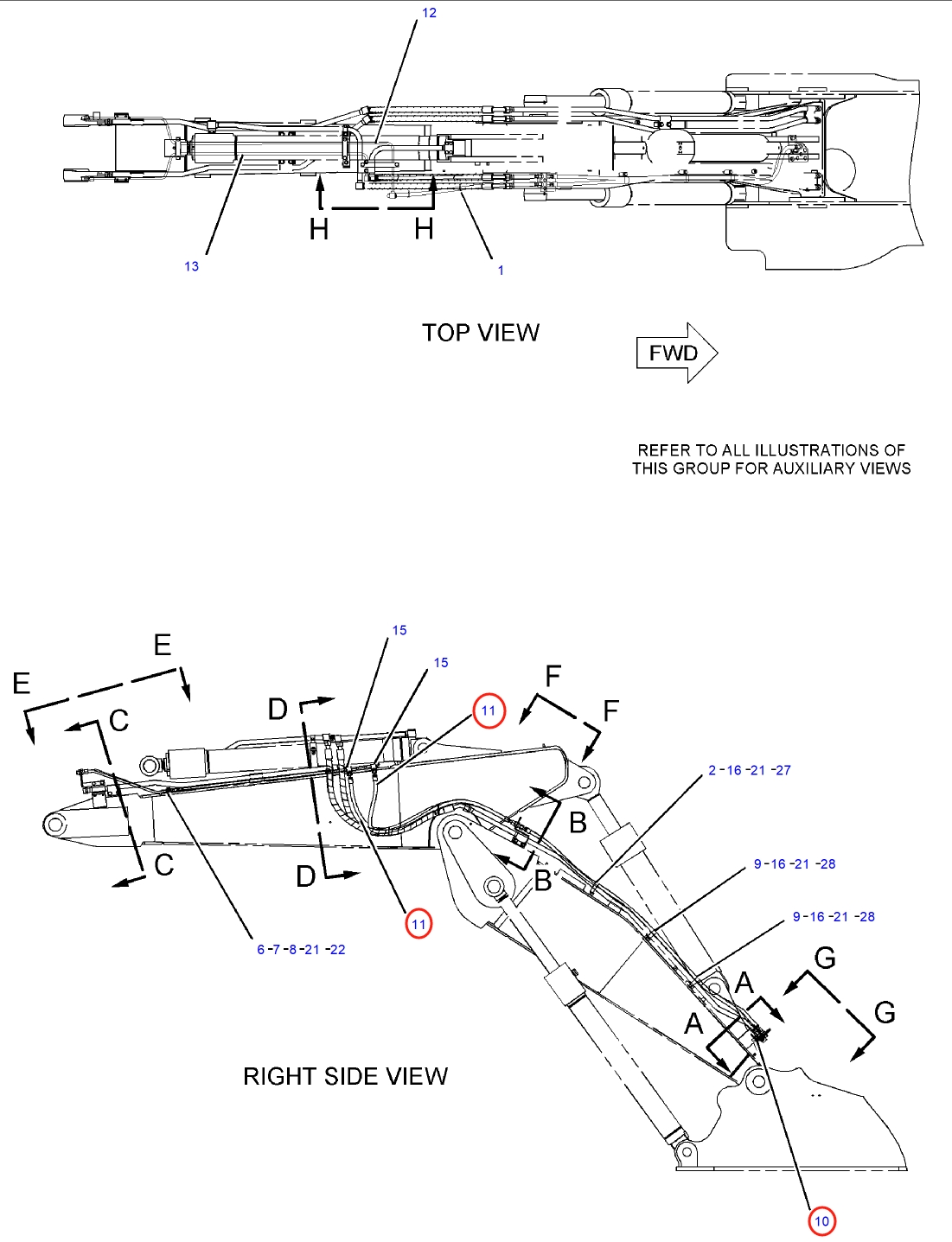 Caterpillar CAT®312C installation diagram showing hydraulic hose 197-8202 at Pipe No. 11
