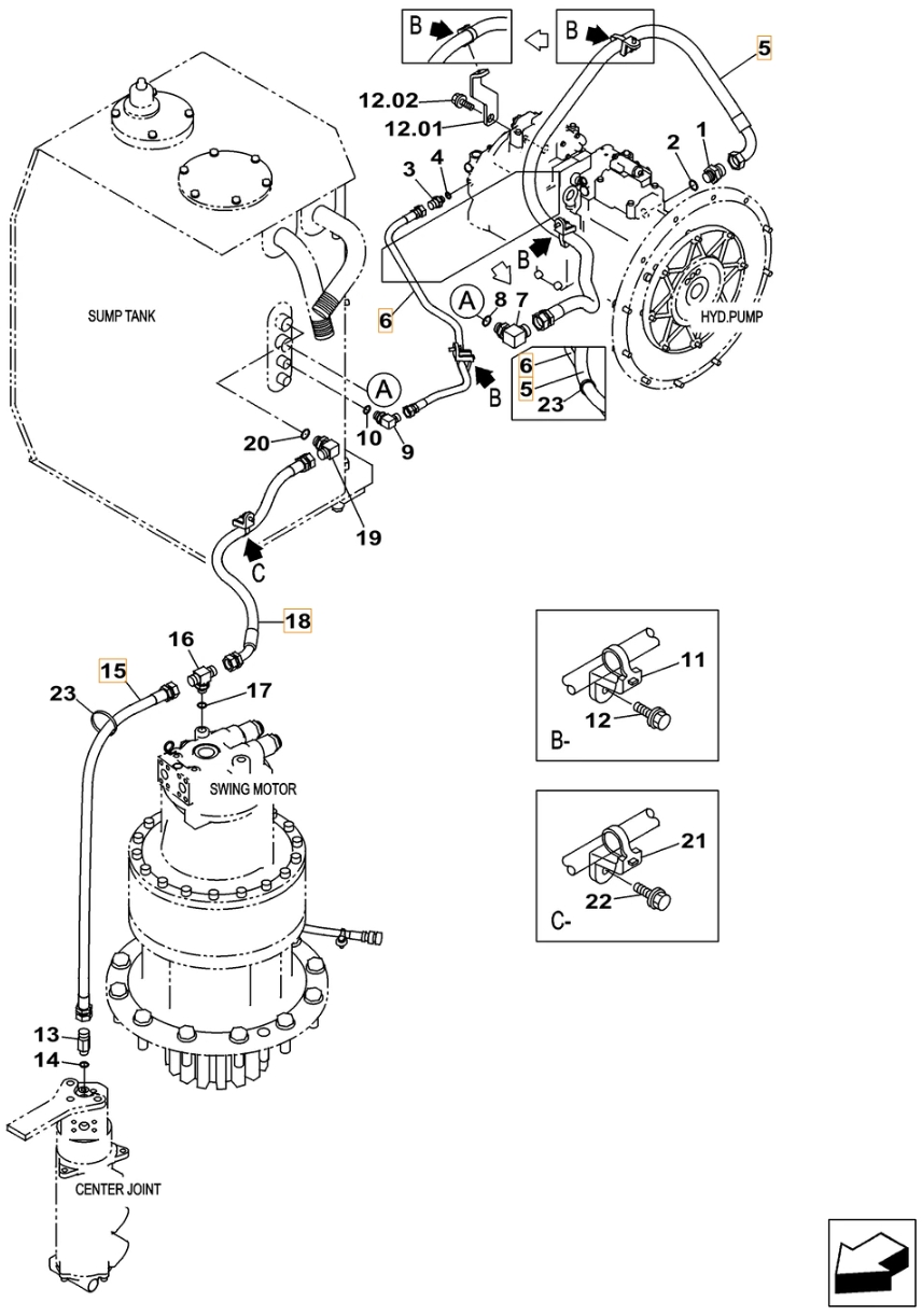 Case CX500C LC ME installation diagram showing hydraulic hose KTJ12080 at Pipe No. 15