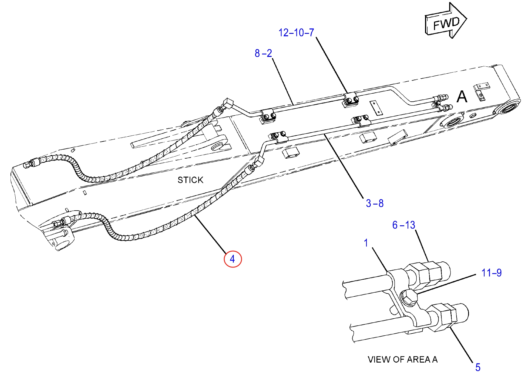 Caterpillar CAT®312F installation diagram showing hydraulic hose 363-2569 at Pipe No. 4
