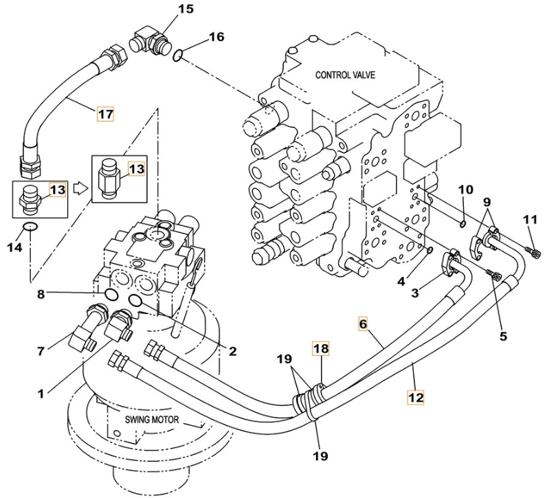 Case CX130C W/B installation diagram showing hydraulic hose KNJ14600 at Pipe No. 17