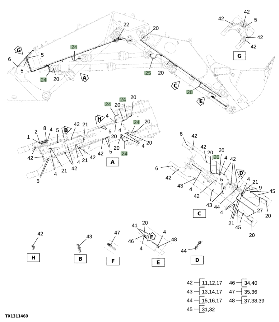 Hitachi EX1200-7 installation diagram showing hydraulic hose 4022547 at Pipe No. 24