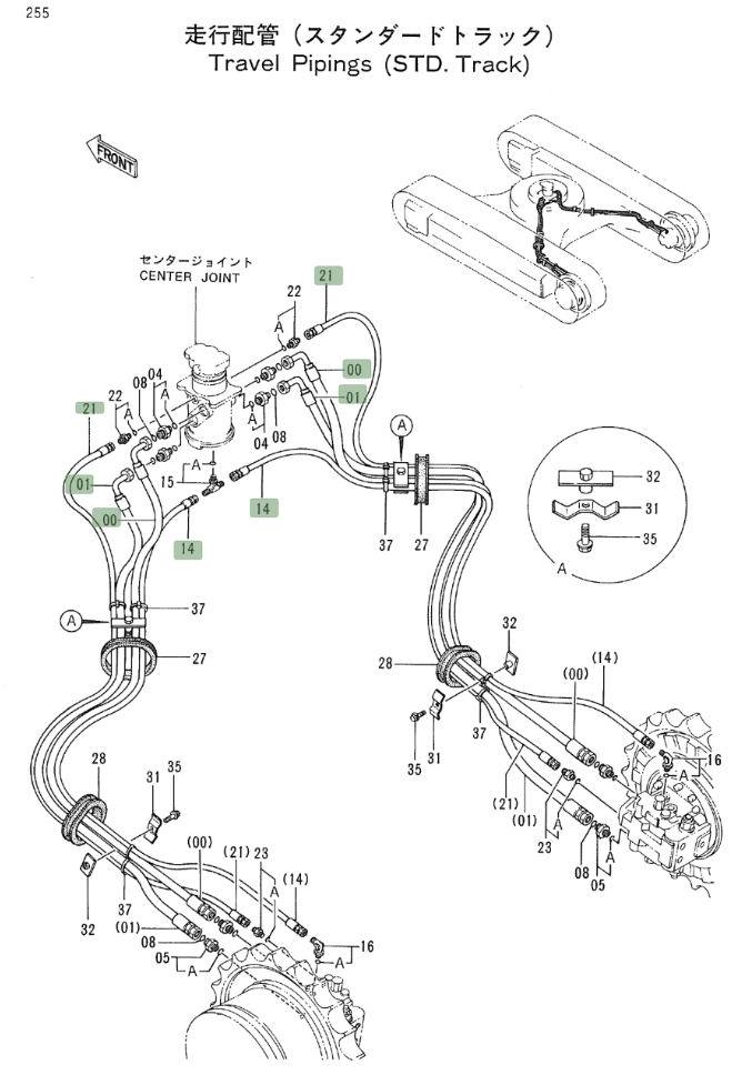Hitachi EX200LC-2 installation diagram showing hydraulic hose 4262276 at Pipe No. 21