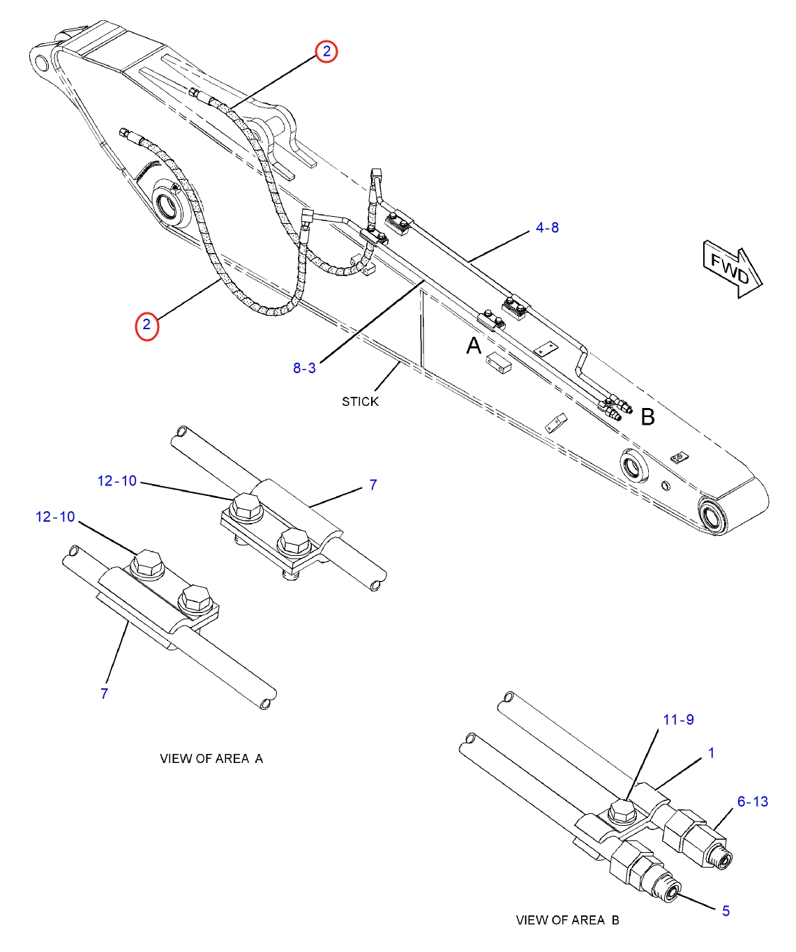 Caterpillar CAT®313D2-GC installation diagram showing hydraulic hose 277-1251 at Pipe No. 2