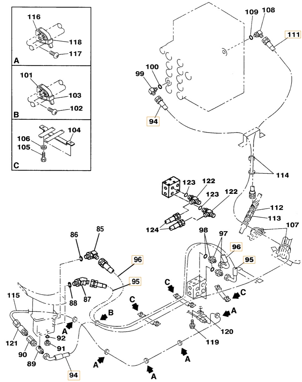 Case CX210 installation diagram showing hydraulic hose 164236A1 at Pipe No. 95