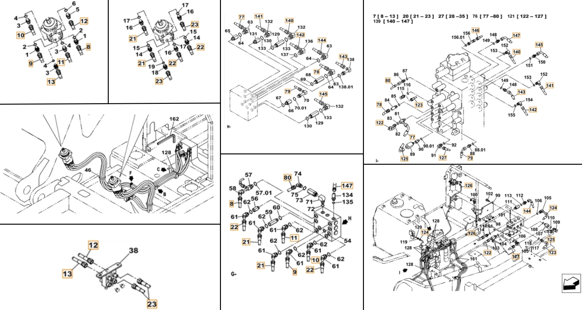 Case CX380C LC installation diagram showing hydraulic hose KHJ18110 at Pipe No. 126