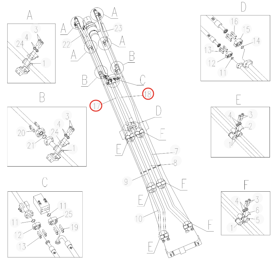 Sunward SWE205E-3H installation diagram showing hydraulic hose 730501002121 at Pipe No. 17