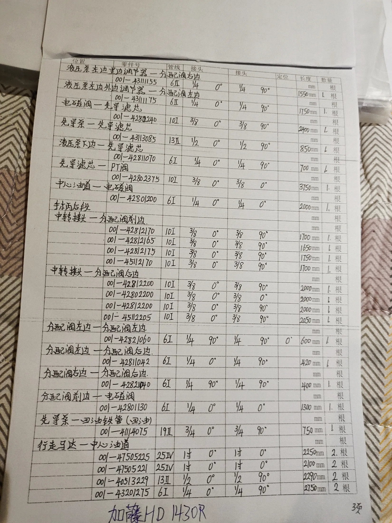 Kato HD1430R hydraulic hose part numbers and recorded lengths — technician notebook page 3 of 4 — recorded hose parts 001-4282104O