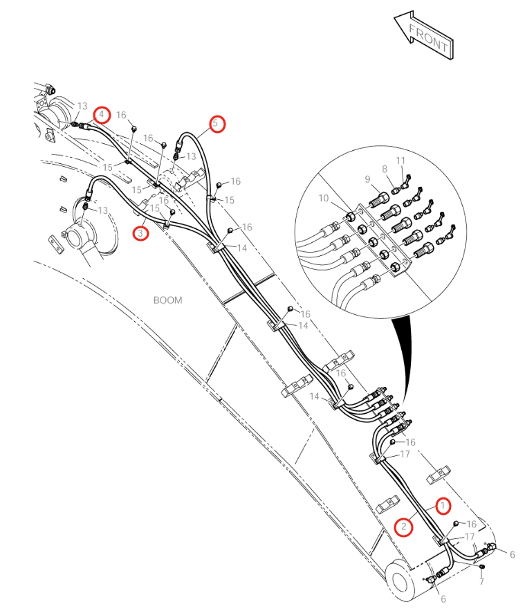 Doosan DX150LC installation diagram showing hydraulic hose 2184-1045D165 at Pipe No. 2