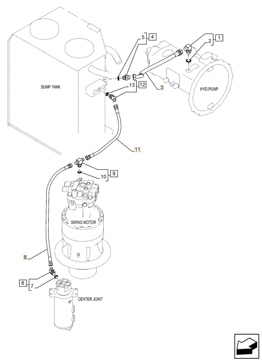 Case CX210C installation diagram showing hydraulic hose KHJ11140 at Pipe No. 11