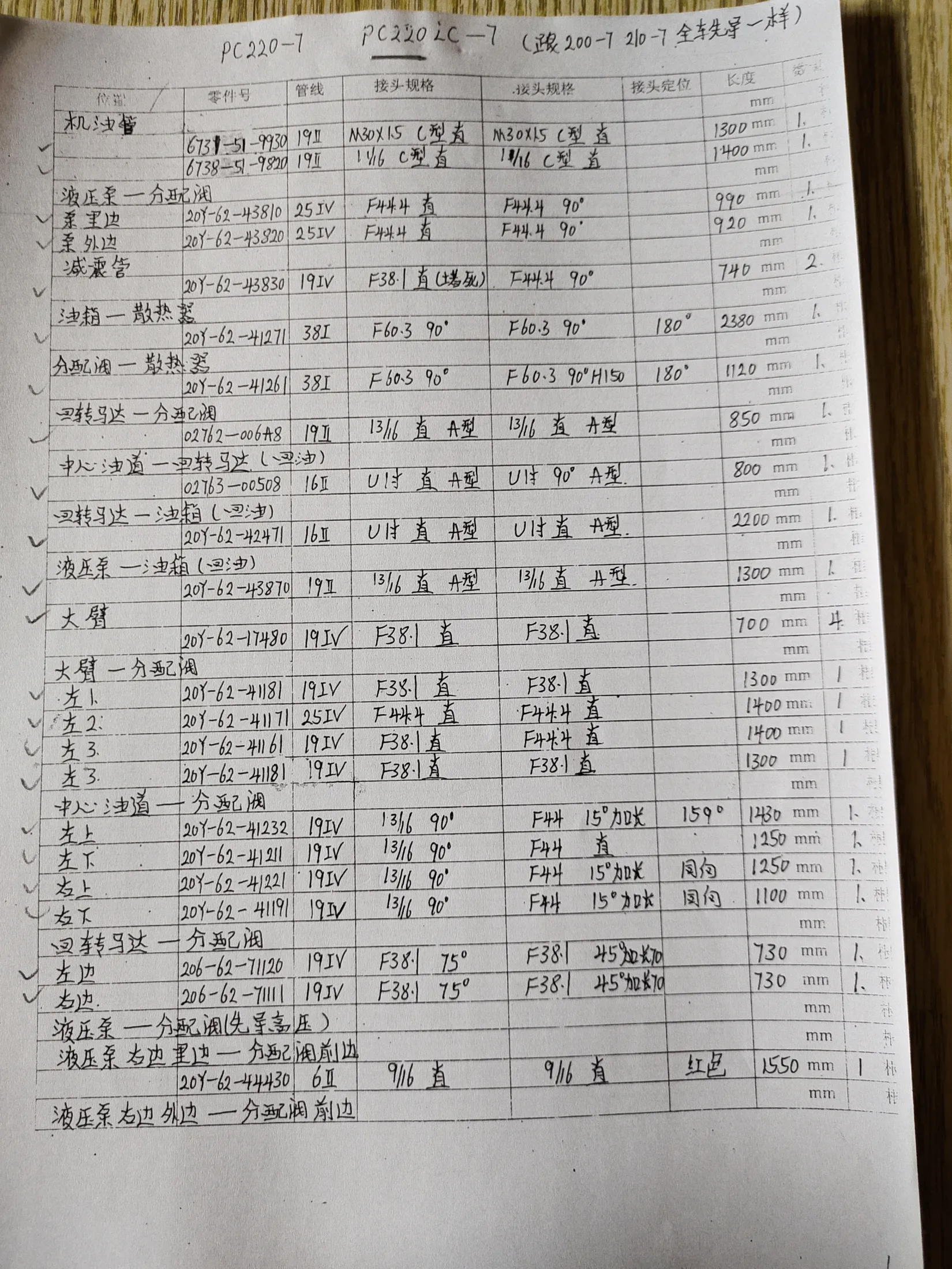 Komatsu PC270-7LC hydraulic hose part numbers and recorded lengths — technician notebook page 5 of 6 — recorded hose parts 20Y-62-411, 20Y-62-41211