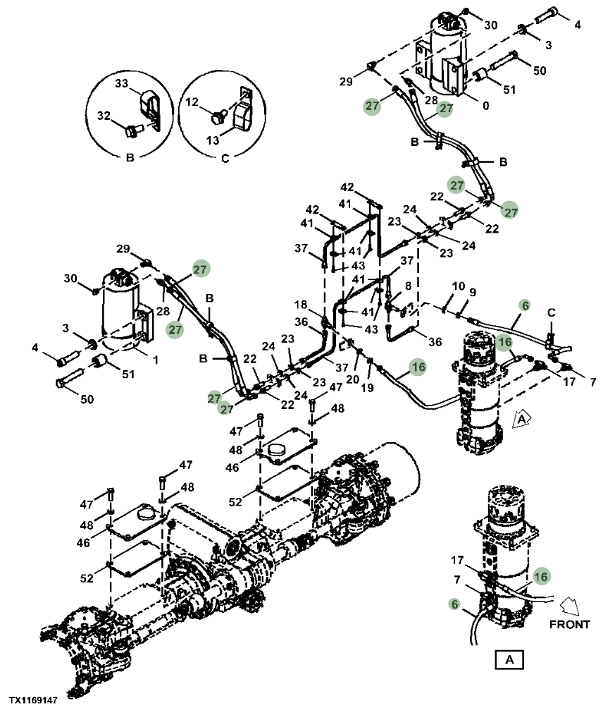 Hitachi ZX230W-5N installation diagram showing hydraulic hose 4659943 at Pipe No. 27