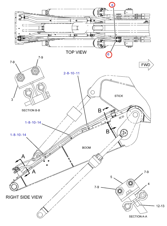 Caterpillar CAT®317B LN installation diagram showing hydraulic hose 207-2627 at Pipe No. 6