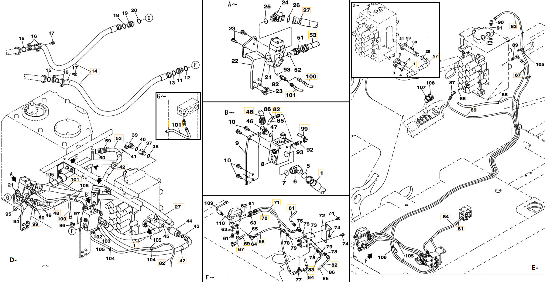 Case CX290B installation diagram showing hydraulic hose KHJ2085 at Pipe No. F70