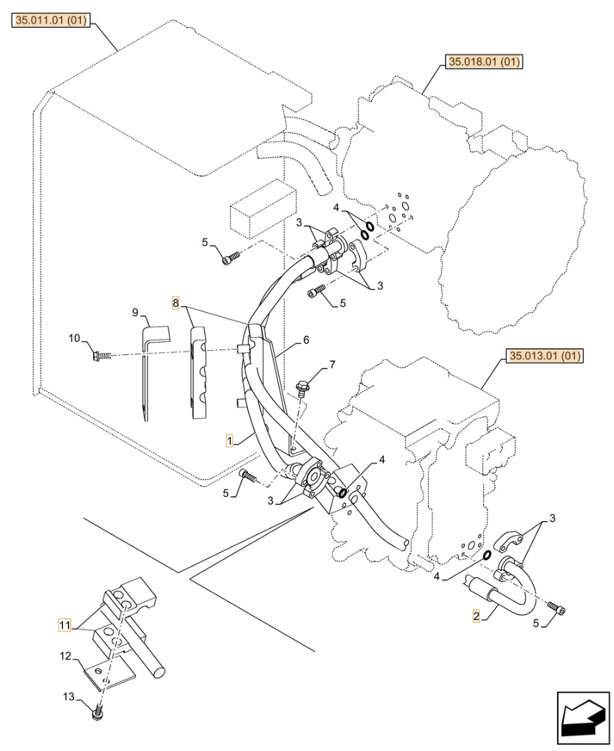 Case CX130C installation diagram showing hydraulic hose KNJ11480 at Pipe No. 1