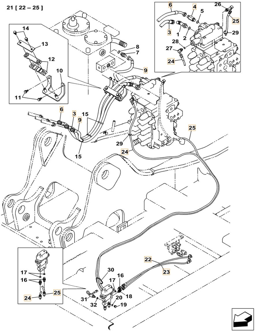 Case CX130C W/B installation diagram showing hydraulic hose KHJ2088 at Pipe No. 23
